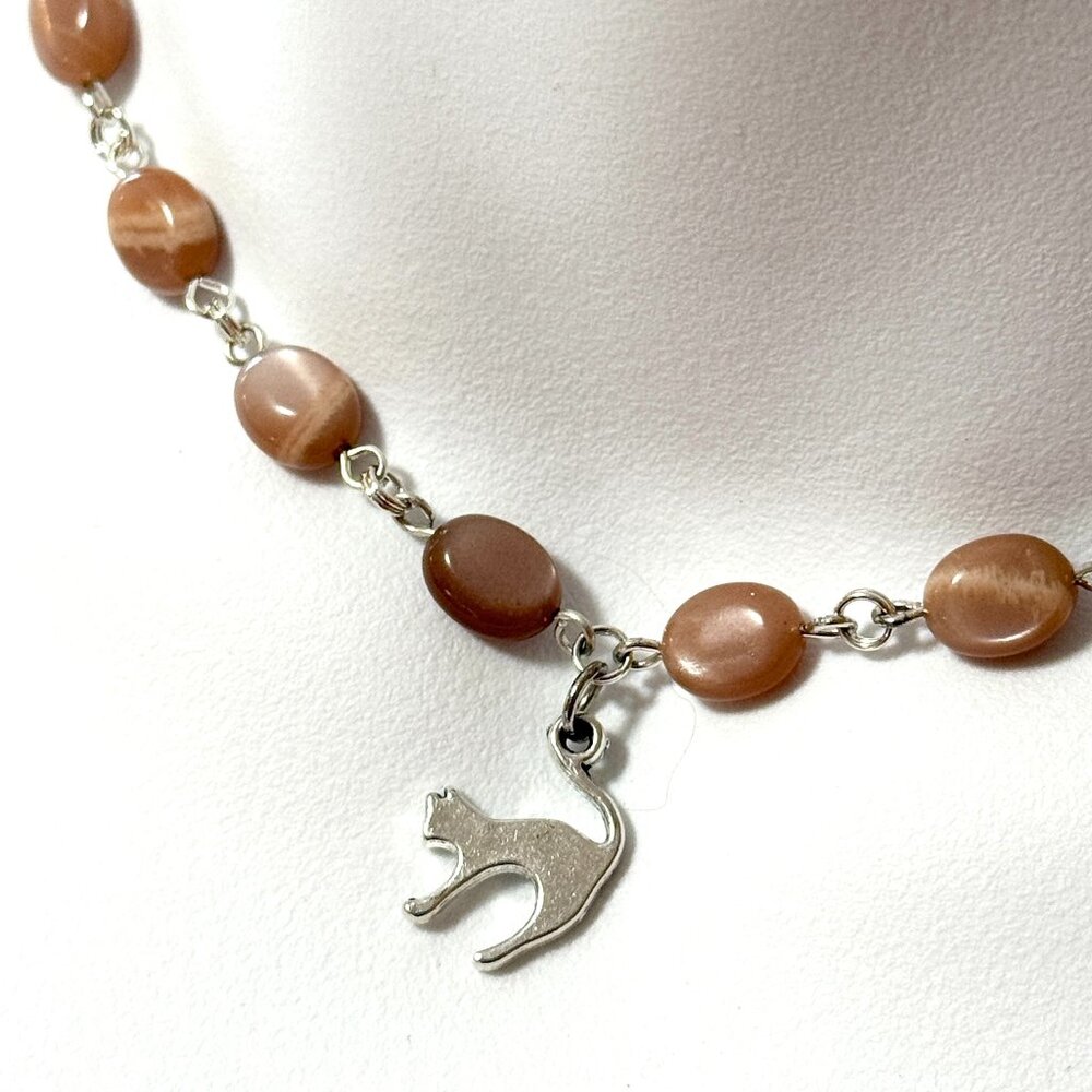 Peach Moonstone Adjustable Choker, Cute Slim Cat Pendant + Genuine Gemstone